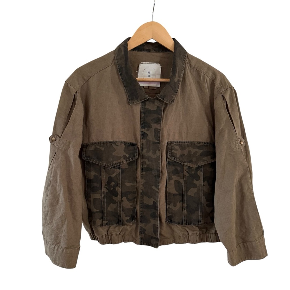 Anthro Hei Hei Camo Cropped Jacket Linen Blend Size Medium